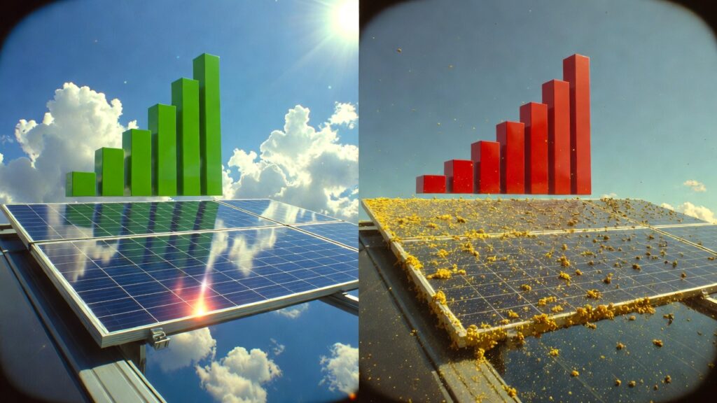 Solar panel energy efficiency comparison between clean and dirty systems.