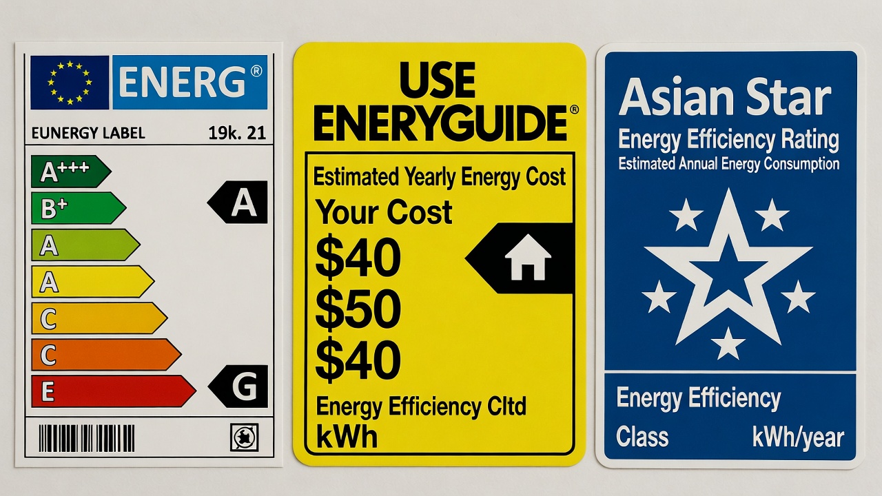 Side-by-side comparison of EU A-G, USA EnergyGuide, and Asian Star labels.