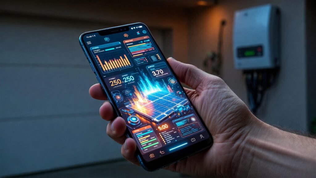 Close-up of a person holding a smartphone displaying an advanced AI-driven energy dashboard for Solar Installation.