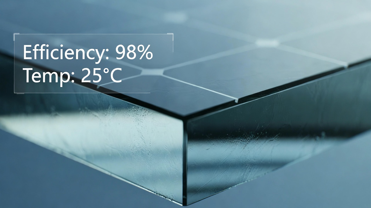 Close-up of a solar panel data sheet showing the temperature coefficient to prevent solar panel heat loss.