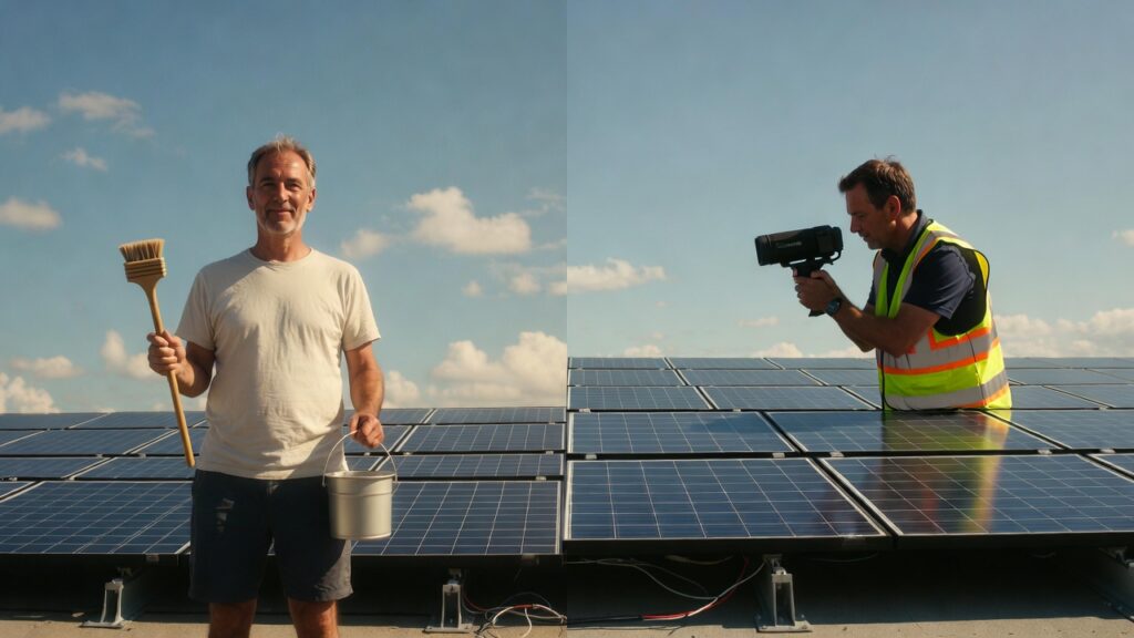 A split-screen comparison showing a homeowner with a cleaning brush versus a professional solar technician using a high-tech thermal camera.