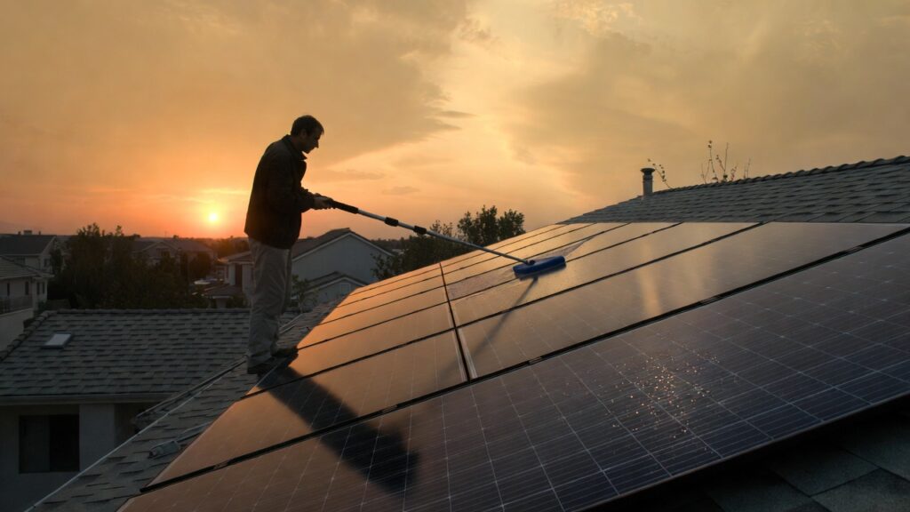 A professional technician cleaning solar panels with a soft-bristle brush at dawn.