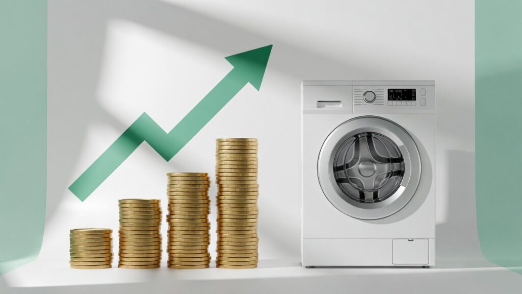 3D render of growing gold coins next to an efficient appliance symbolizing high ROI.