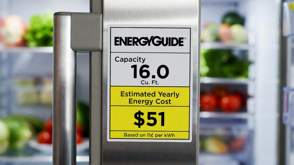 Inside view of an organized, energy-efficient refrigerator with fresh produce.