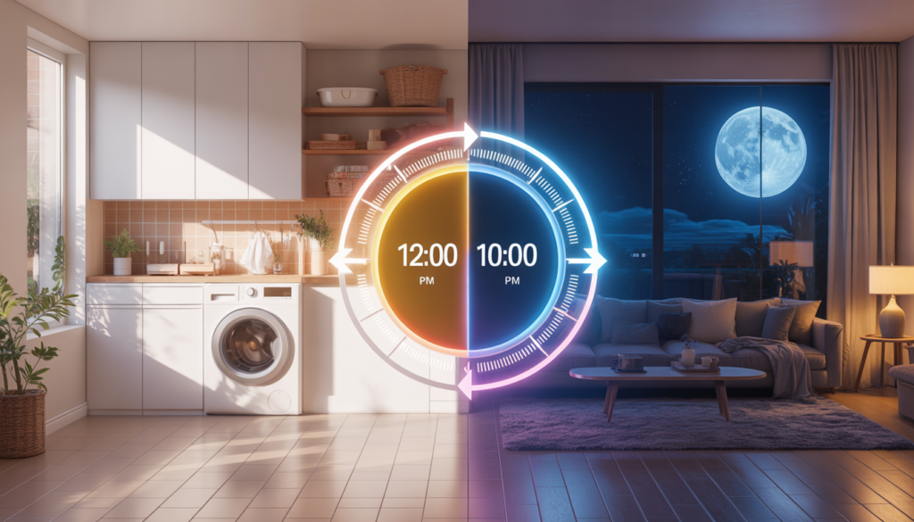 Split screen showing a washing machine running at noon during peak sun versus night time.