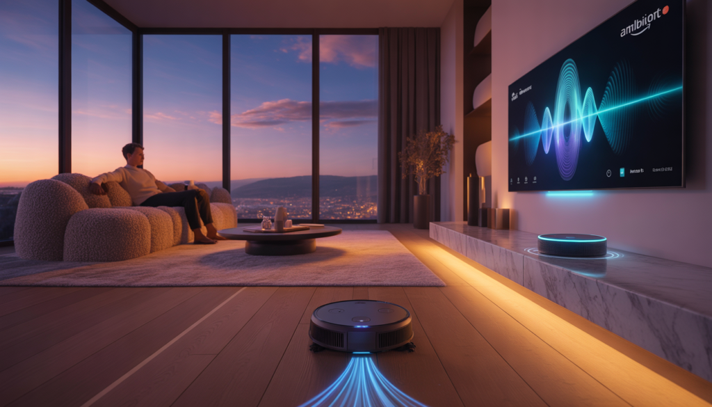 "A person relaxes on a sofa in a luxurious modern living room at sunset. A robot vacuum cleans the floor, while a Smart TV and Echo Show display the Alexa interface, creating a futuristic smart home scene."


