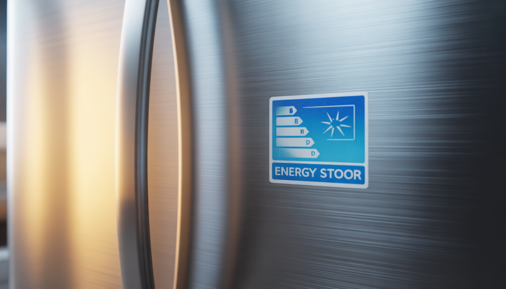 Blue Energy Star logo on a modern stainless steel refrigerator.