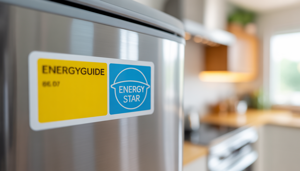 Close-up of a modern Energy Star label on a refrigerator showing the blue logo and yellow background.