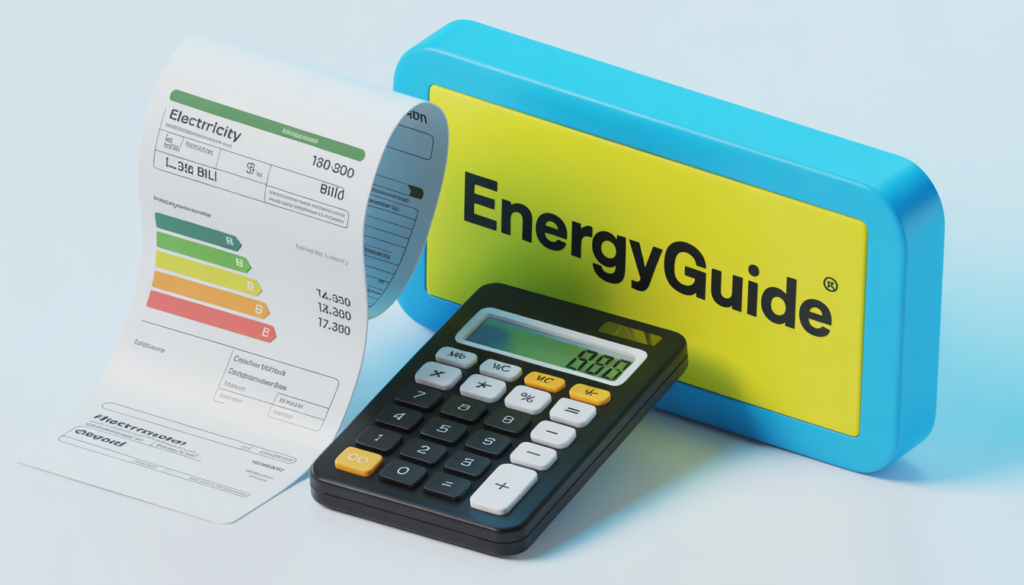 Digital calculator next to an electricity bill and a yellow EnergyGuide label.
