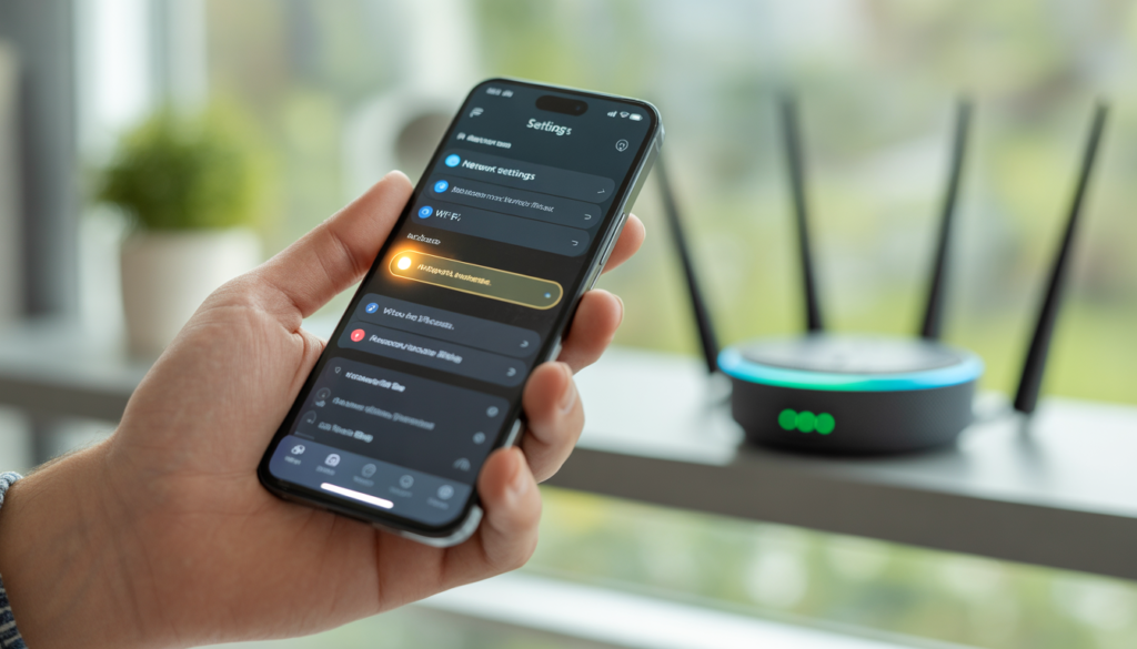 "Close-up of hands holding a smartphone showing the Alexa app Settings menu with Wi-Fi option highlighted. An Echo Dot and router are visible in the soft-focus background."