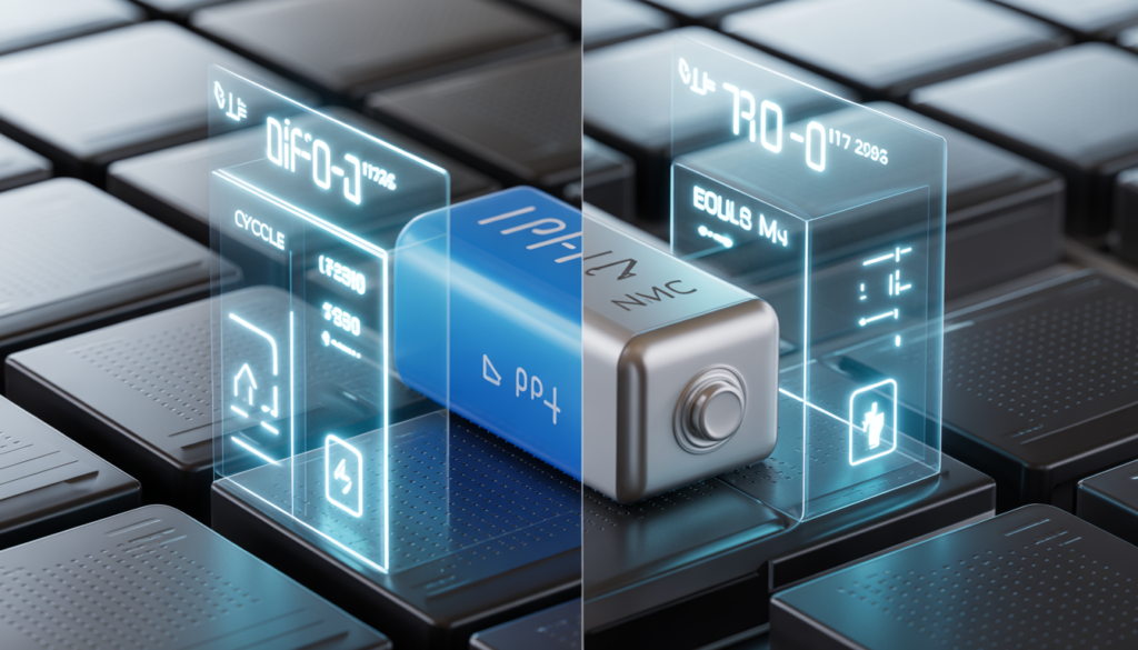 Comparison of LiFePO4 and NMC lithium battery cells for solar energy storage.