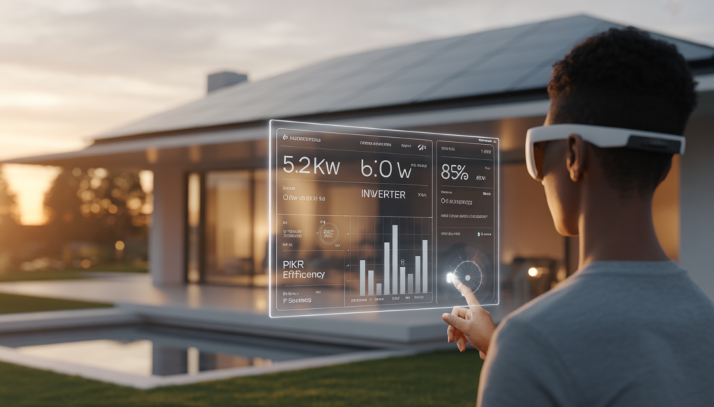 High-tech solar load calculator dashboard showing solar panel estimation and battery backup on a modern house rooftop.