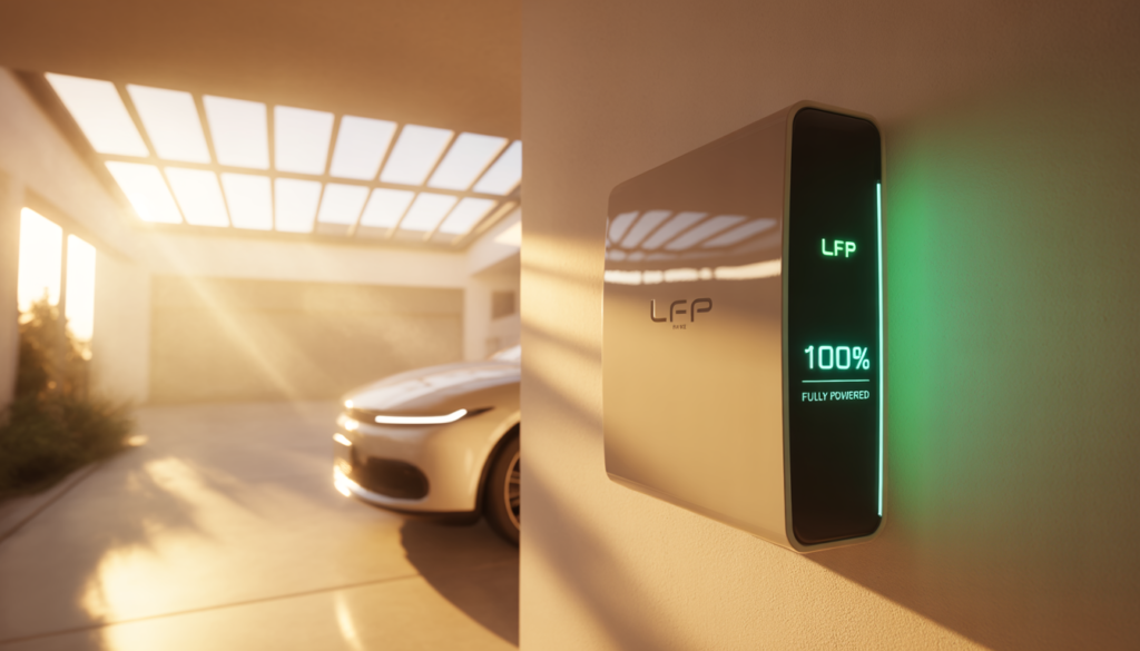 "A futuristic white LFP battery mounted on a minimalist garage wall, with a glowing digital display showing 100% charged, illuminated by warm morning sunlight streaming through a window."