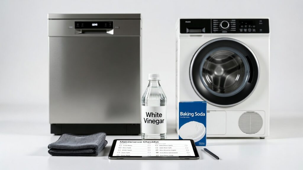 A high-resolution flat lay of a maintenance kit including a microfiber cloth, white vinegar bottle, baking soda box, and a digital tablet showing a "Maintenance Checklist," with a sleek dishwasher and washing machine in the background.

