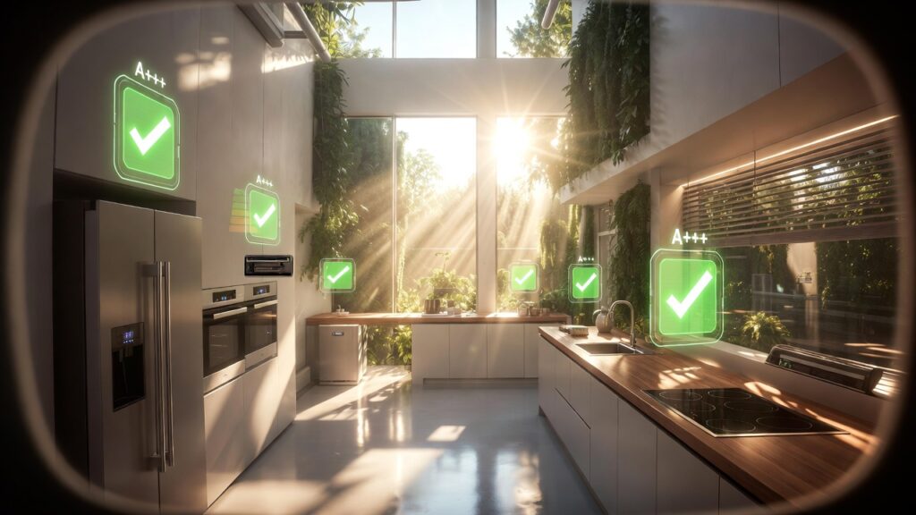 A wide-angle shot of a futuristic sunlit eco-home interior featuring all modern appliances in a cohesive minimalist design, with floating holographic green checkmarks and A+++ energy ratings above each device.

