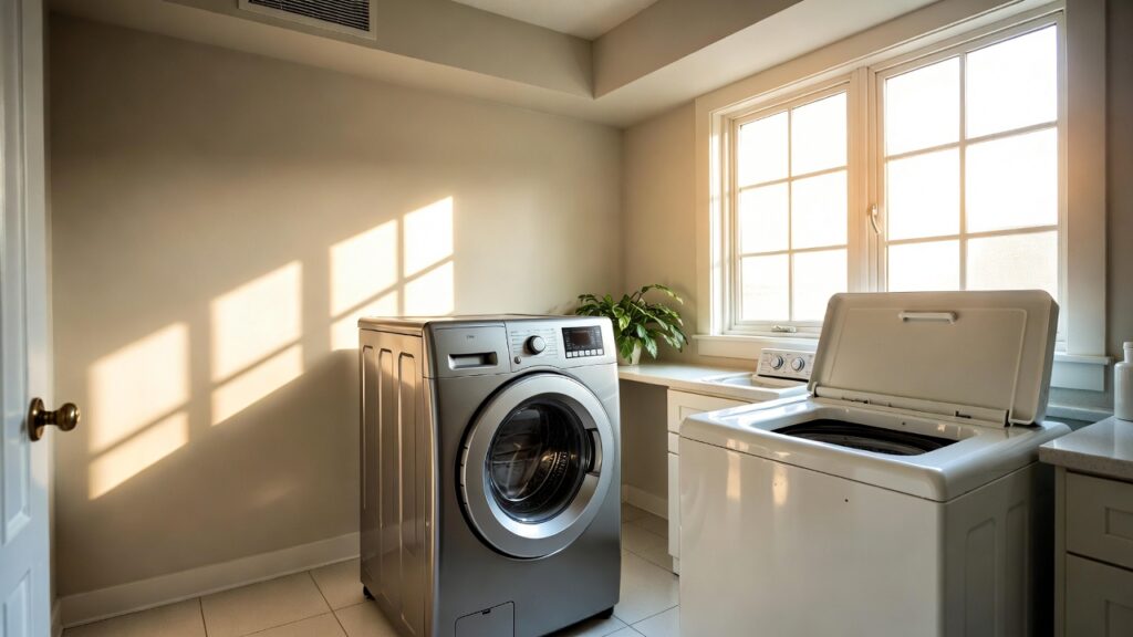 Side-by-side comparison of a silver front load and white top load washer in a modern laundry room for a Washer Buying Guide.

