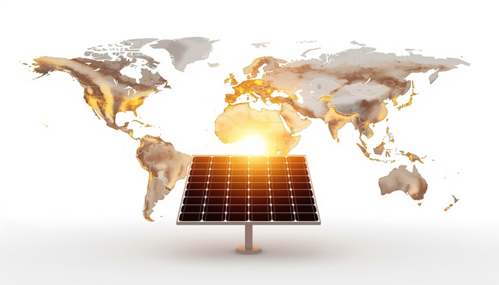 Infographic map showing global peak sun hours and a solar panel tilted toward the sun.