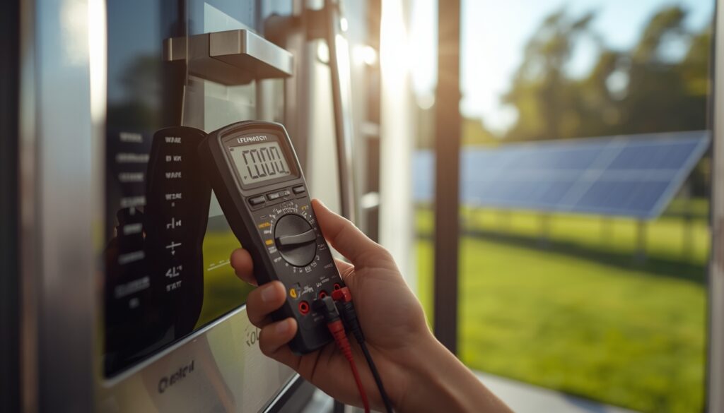 A person checking electricity usage on a kitchen appliance with a digital meter for an off-grid solar audit.