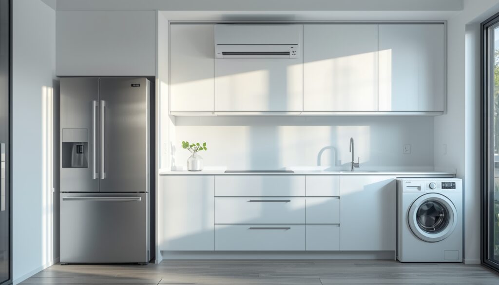 Modern smart kitchen with essential home appliances and appliance care guide tips.