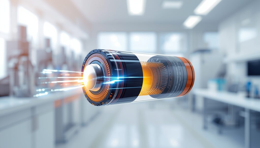 An exploded 3D diagram of an LFP battery cell with glowing blue and orange energy paths flowing between its internal layers against a soft-focus lab background.

