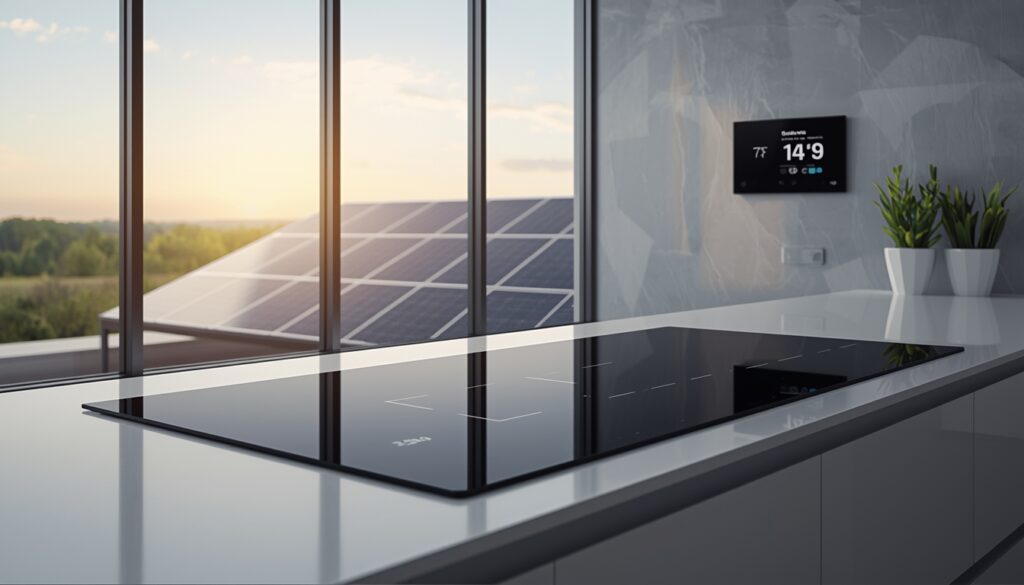 A sleek induction cooktop in a modern kitchen powered by solar energy panels visible outside