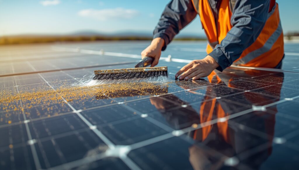 A technician cleaning dust off a solar panel array to restore maximum energy output.