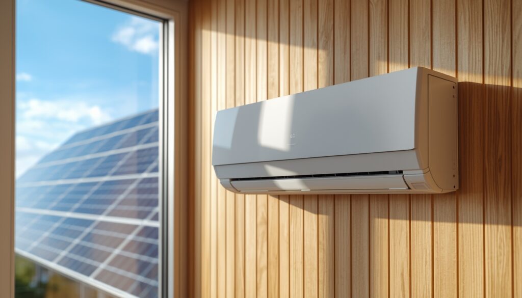 A DC-powered solar mini-split air conditioner mounted in a well-insulated off-grid home.