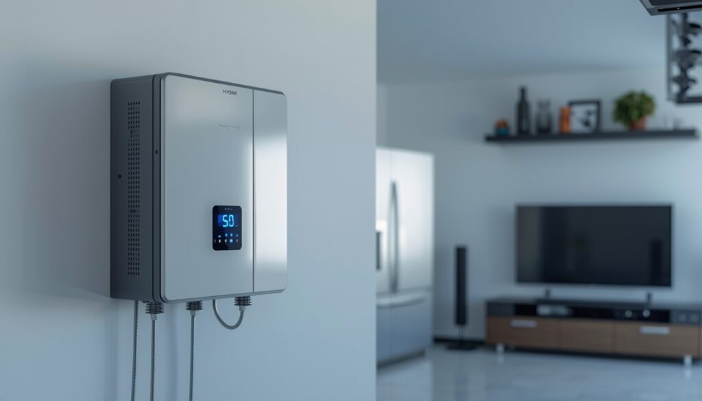 A modern pure sine wave solar inverter installed on a wall near a refrigerator and TV.