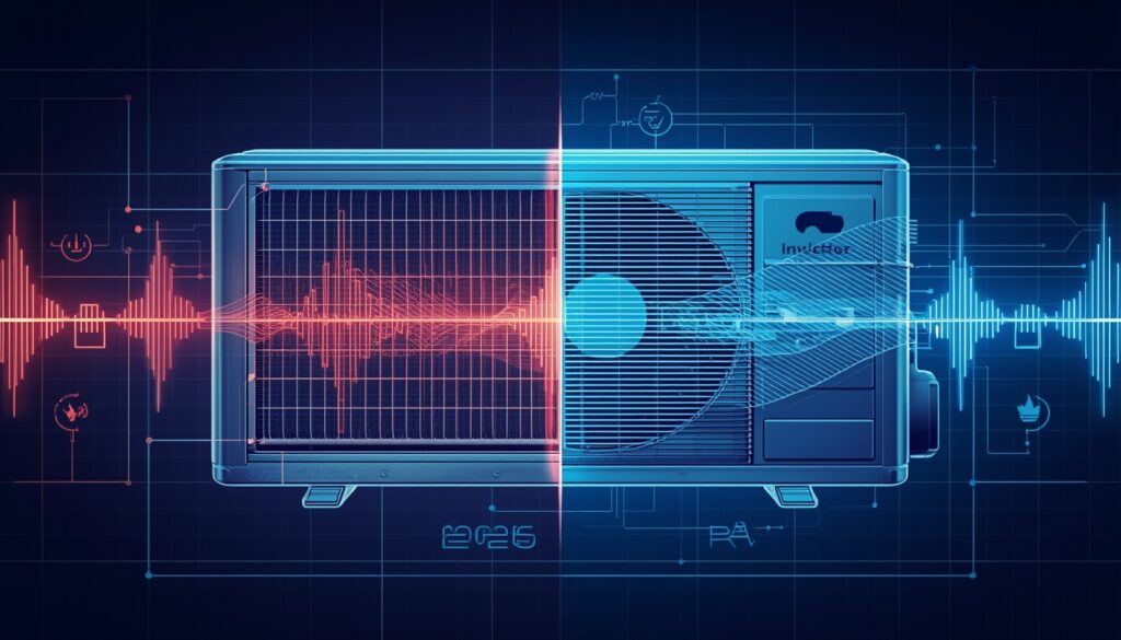 A split-screen 3D diagram comparing a vintage AC unit with red energy spikes to a sleek 2026 Inverter AC with smooth blue waves and a quiet leaf icon.

