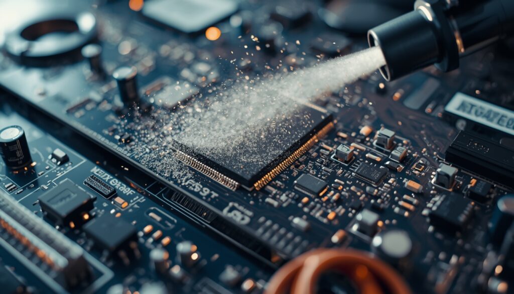 Technical close-up of cleaning a circuit board as part of a professional appliance care guide