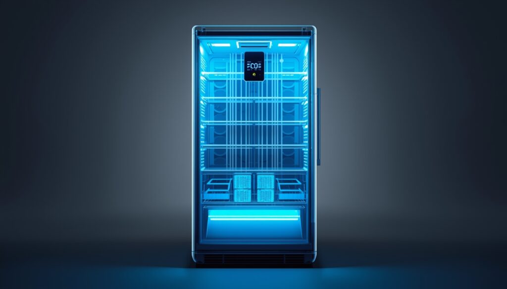 A transparent 3D cutaway of a modern refrigerator showing a glowing magnetic linear compressor at the base with blue Dual-Cooling airflow pathways throughout the fridge and freezer.

