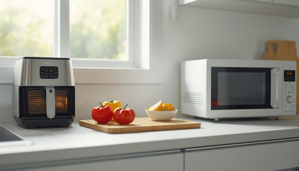 Modern kitchen counter setup comparing sleek air fryer efficiency and a standard microwave oven.