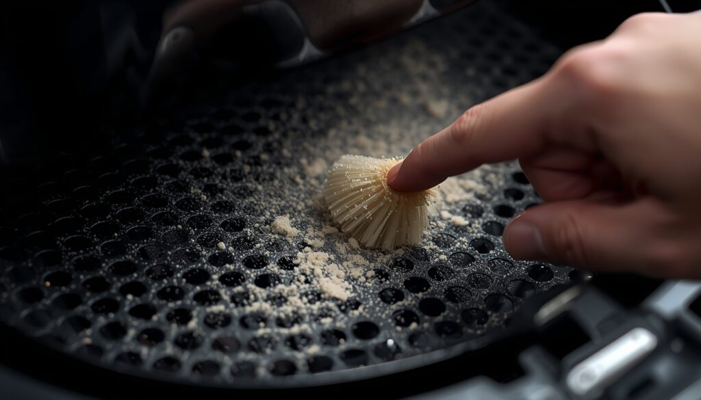 Detailed maintenance shot showing how to clean a dirty air fryer vent for optimal air fryer efficiency.