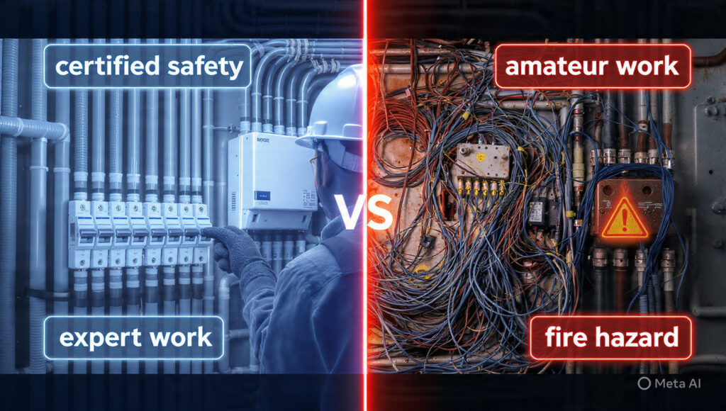 Certified-solar-technician-inspecting-inverter-wiring