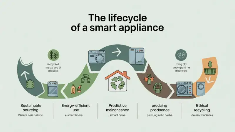 A professional earth-tone infographic titled “The Lifecycle of a Smart Appliance.” Circular flow diagram showing four stages: Sustainable Sourcing (recycled metals and bio-plastics), Energy-Efficient Use (smart home icon), Predictive Maintenance (extending product life), and Ethical Recycling (old parts into new machines). Clean, organic style with soft greens, browns, and blues emphasizing environmental harmony.