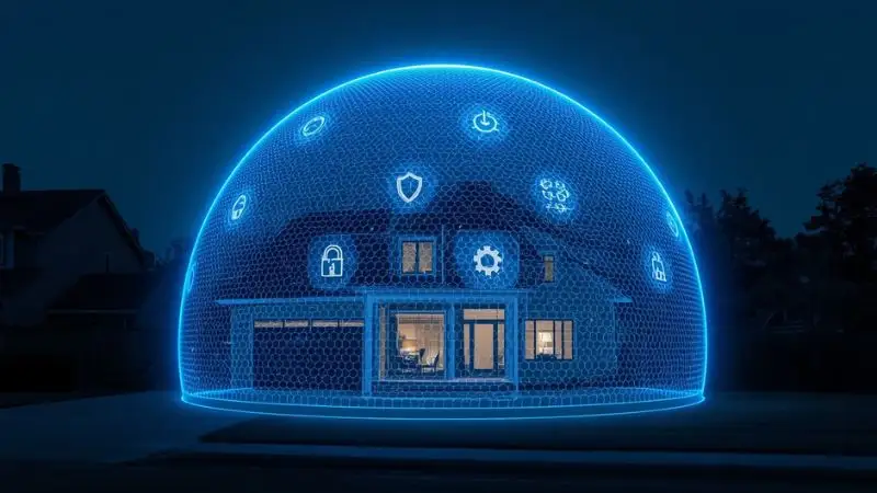 Conceptual high-tech visual of a modern suburban home at night, enclosed in a semi-transparent glowing blue digital shield made of a fine hexagonal grid pattern. Small elegant icons of a shield, a lock, and a gear (symbolizing updates) pulse gently on the dome’s surface. Inside, faint smart appliance glows are visible through windows. Sleek, secure, futuristic aesthetic representing “Digital Peace of Mind.”