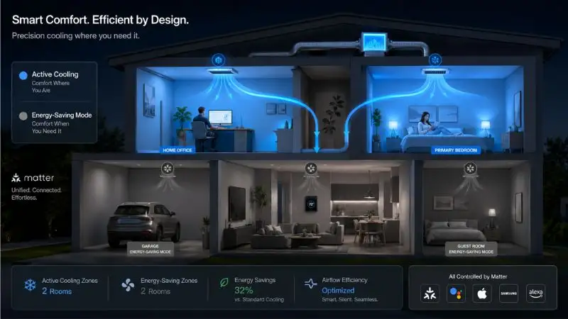 Professional 3D architectural cutaway of a modern two-story smart home with a thermal heat-map overlay. Occupied rooms (home office and bedroom) appear in soothing cool light blue for active precision cooling. Unoccupied rooms (garage and guest room) are neutral gray for energy-saving mode. Smart vents on ceilings highlighted with small digital icons. Arrows show efficient airflow directed only to occupied zones. High-tech, clean, instructional style.