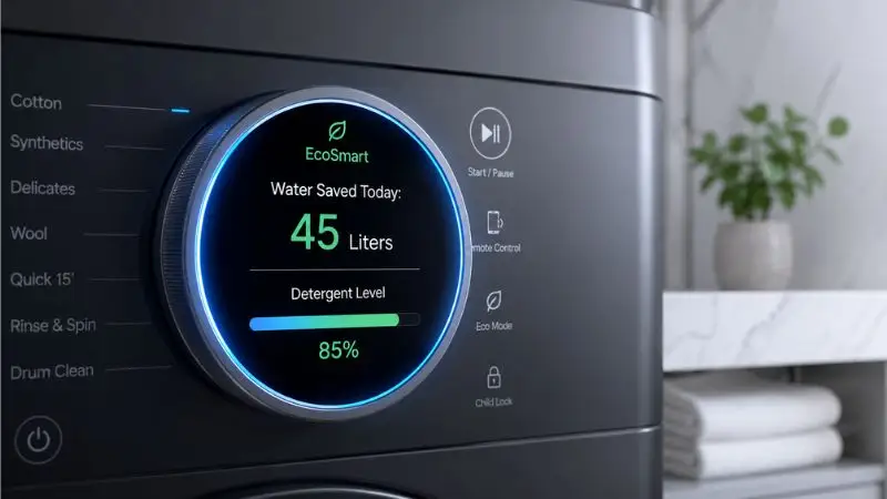 Crisp macro close-up of a sleek modern smart washing machine’s digital interface. Circular LED display glows with soft blue and green light, clearly showing “Water Saved Today: 45 Liters” alongside a small leaf icon and a progress bar for “Detergent Level: 85%”. Background hints at a clean minimalist laundry room with white marble surfaces. Sharp focus on digital text conveys high-tech precision.