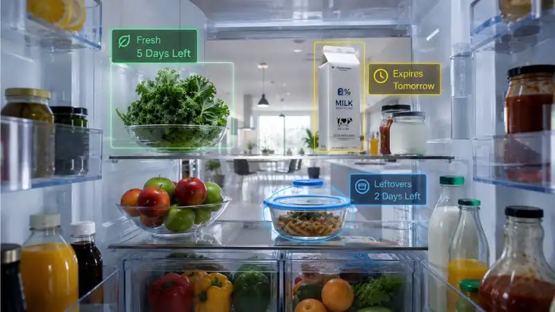Hyper-realistic interior view of a wide-open smart refrigerator in a bright modern kitchen. Digital semi-transparent bounding boxes hover over items: green box over fresh kale marked “Fresh – 5 Days Left,” yellow box over a milk carton marked “Expires Tomorrow,” and glowing blue icon over a bowl of leftovers. Crisp, clean lighting highlights organized glass shelves and vibrant fruits and vegetables.