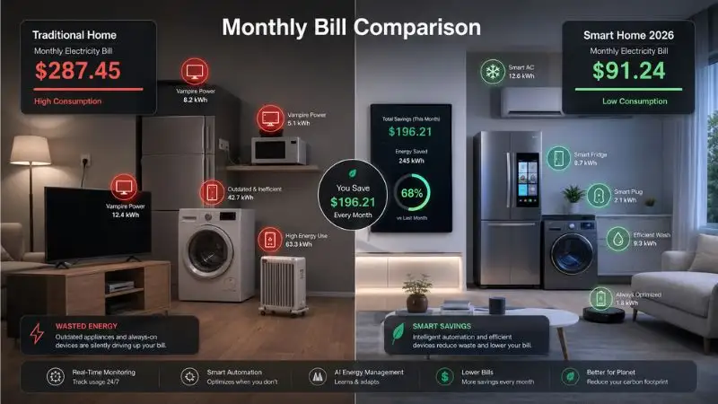 High-quality split-screen infographic titled “Monthly Bill Comparison.” Left side shows a “Traditional Home” with a high electricity bill and glowing red icons over old appliances (vampire power). Right side shows a “Smart Home 2026” with a much lower bill and green icons over sleek modern appliances. Background is a clean minimalist living room with a digital dashboard showing real-time energy savings. Professional 3D render style.