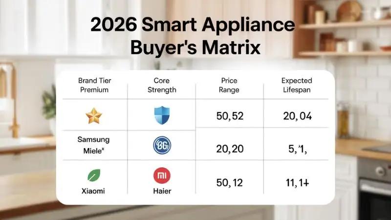 A clean, professional comparison table titled “2026 Smart Appliance Buyer’s Matrix.” Columns: Brand Tier, Core Strength, Price Range, Expected Lifespan. Icons: gold star for Premium (Samsung/Miele), blue shield for Value (Bosch/GE), green leaf for Eco-Entry (Xiaomi/Haier). Background is a soft, blurred modern kitchen. High-contrast text in a Consumer Reports infographic style.