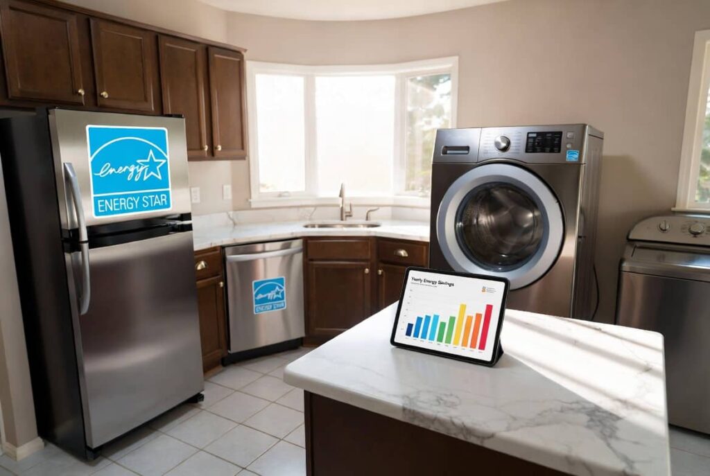 "A wide, professional shot of a modern, sun-lit kitchen and laundry area. The scene is clean and organized, featuring several Energy Star-certified appliances (fridge, dishwasher, washer) with their blue logos subtly visible. A tablet is resting on a marble countertop, displaying a summary chart of 