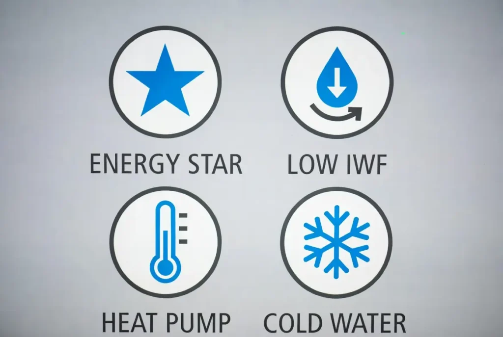 A clean, minimalist visual guide on a soft grey background, featuring four circular icons representing modern laundry features for 2026. Top left: a blue star icon labeled "Energy Star" indicating certification. Top right: a water drop with a downward arrow labeled "Low IWF" (Integrated Water Factor). Bottom left: a thermometer icon labeled "Heat Pump" representing heat pump dryer technology. Bottom right: a snowflake icon labeled "Cold Wash" for cold water washing efficiency. The style is professional, flat vector with 2026-style digital sans-serif typography. Each icon is set inside a light grey circle with subtle shadow, emphasizing clarity and energy/water efficiency standards.