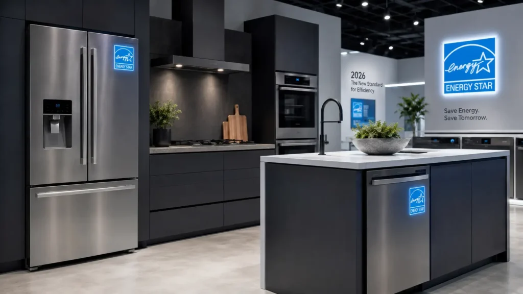A wide-angle photograph of a modern, minimalist kitchen showroom in 2026, featuring sleek stainless steel and matte black appliances. A refrigerator and dishwasher are prominently displayed with glowing, soft blue light highlighting their Energy Star logos, conveying a professional, clean, and futuristic atmosphere.