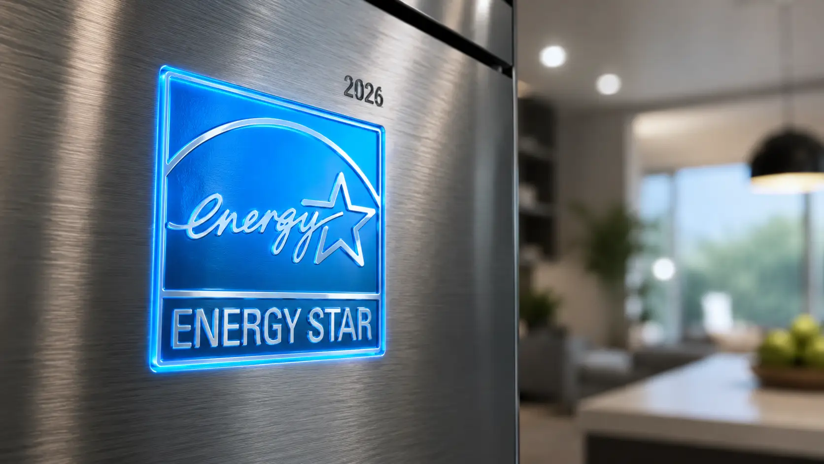 A high-detail macro shot of the electric blue Energy Star logo on a brushed silver metallic surface of a high-end appliance. The image features a sharp focus on the star icon and text with a cinematic blurred background of a modern home interior.