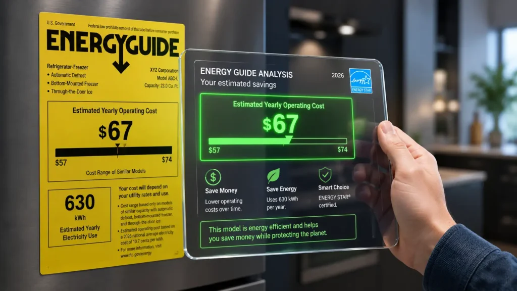 An infographic illustration of a hand holding a transparent digital tablet over a yellow EnergyGuide label. The tablet screen highlights the Estimated Yearly Operating Cost in a bright green glow, showcasing a clean and modern way to track energy savings.