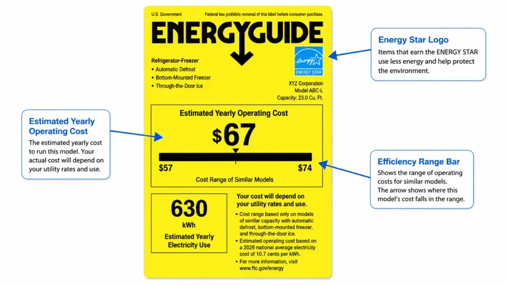 A high-resolution diagram of a standard yellow EnergyGuide label from 2026. Large, clear arrows point to three key parts: the 