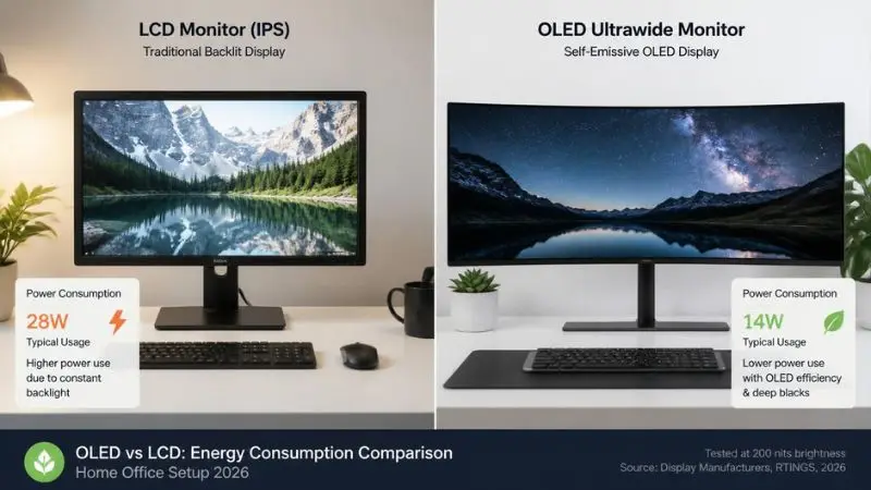 Side-by-side energy consumption comparison of a traditional LCD monitor versus an OLED ultrawide monitor in a home office setting.