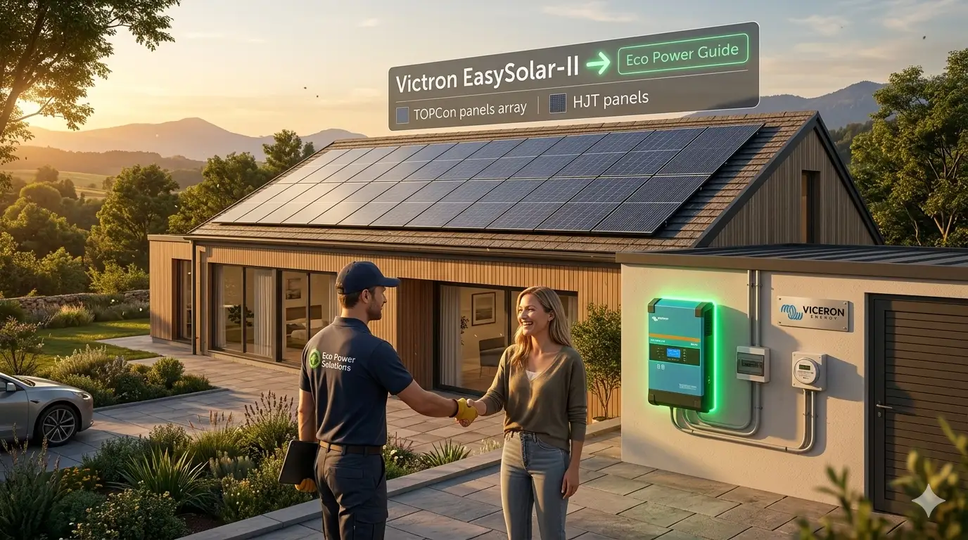 A high-detail 4K hyper-realistic wide shot captures a modern eco-house during cinematic golden hour. The roof features a neat array of mixed TOPCon and HJT solar panels. In the foreground, a professional engineer shakes hands with a smiling, happy homeowner, confirming the system's readiness. Behind them on the wall, a Victron EasySolar-II unit is prominently displayed, glowing with a bright green "System Online" light. A digital overlay provides technical details about the components, all set against a stunning mountain sunset with sharp focus and 8k resolution (16:9 aspect ratio).