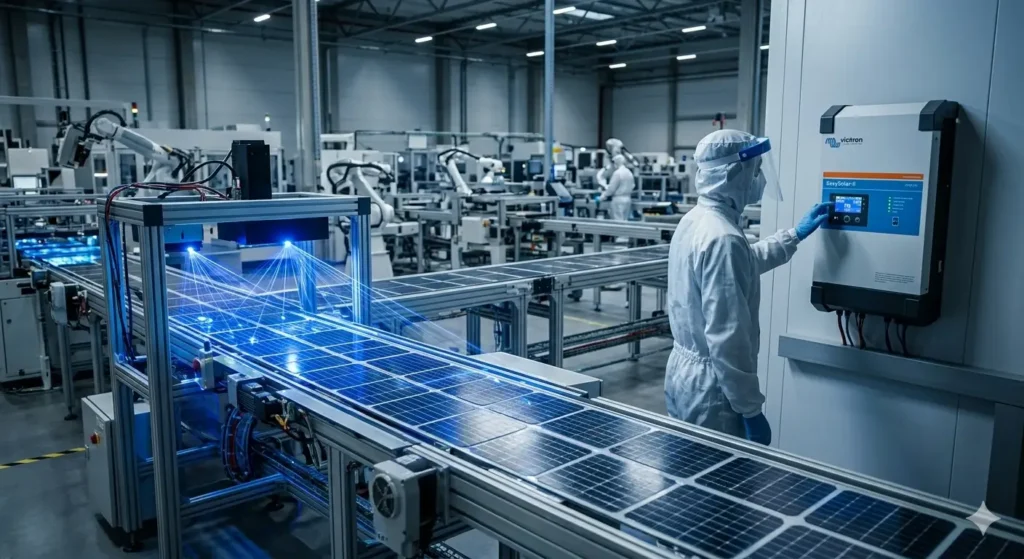 A high-detail 4K cinematic photograph inside a modern robotic solar cell factory. Thousands of TOPCon solar cells move along a high-speed conveyor belt, illuminated by blue laser inspection lights. A worker in a full clean suit stands nearby, monitoring a prominent Victron EasySolar-II unit mounted on the wall. The factory has an industrial, futuristic aesthetic with complex machinery and vibrant technical lighting, captured in 8k resolution with sharp focus.